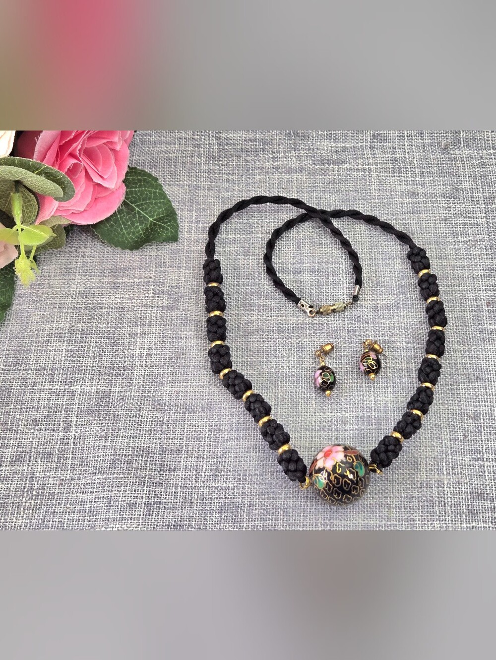 Vintage Black Cloisonne Enamel Flower Beaded Necklace Drop Earrings Jewelry Set